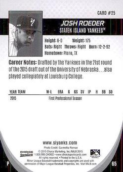 2015 Choice Staten Island Yankees #25 Josh Roeder Back