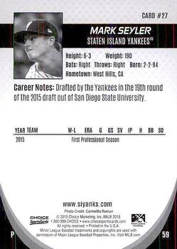 2015 Choice Staten Island Yankees #27 Mark Seyler Back