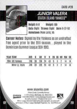 2015 Choice Staten Island Yankees #28 Junior Valera Back