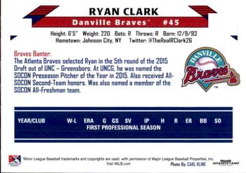 2015 Grandstand Danville Braves #NNO Ryan Clark Back