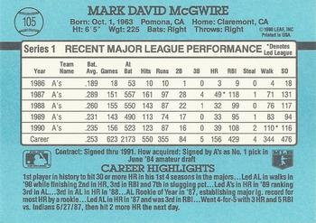 1991 Donruss #105 Mark McGwire Back
