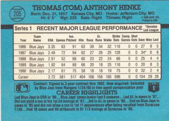1991 Donruss #205 Tom Henke Back