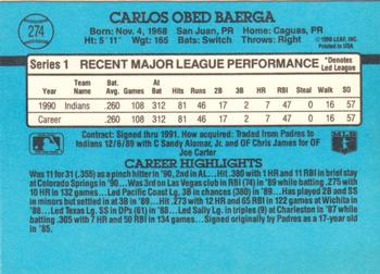 1991 Donruss #274 Carlos Baerga Back