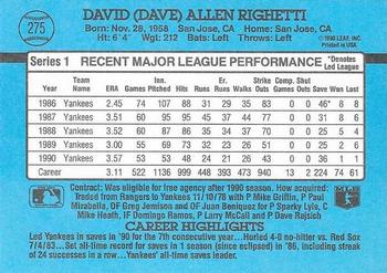 1991 Donruss #275 Dave Righetti Back