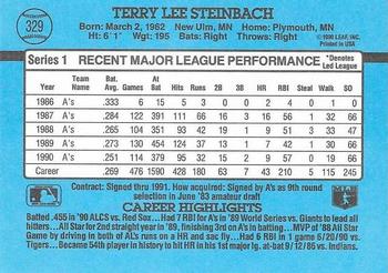 1991 Donruss #329 Terry Steinbach Back