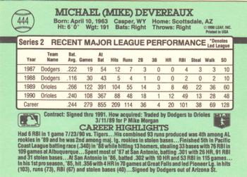1991 Donruss #444 Mike Devereaux Back