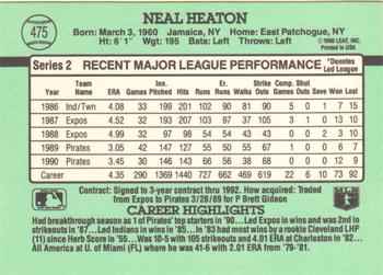 1991 Donruss #475 Neal Heaton Back