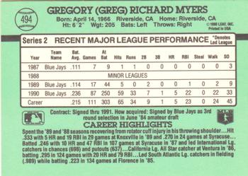 1991 Donruss #494 Greg Myers Back