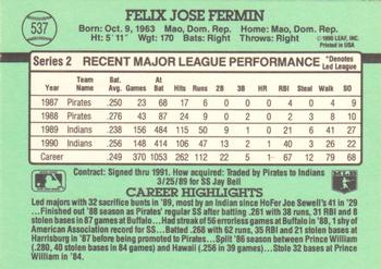 1991 Donruss #537 Felix Fermin Back