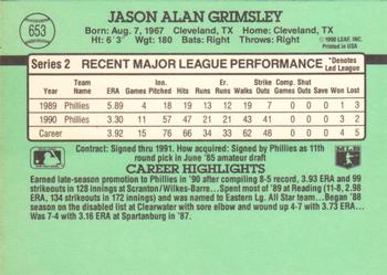 1991 Donruss #653 Jason Grimsley Back