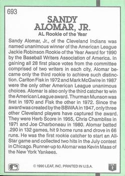 1991 Donruss #693 Sandy Alomar Jr. Back