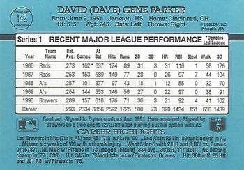 1991 Donruss #142 Dave Parker Back