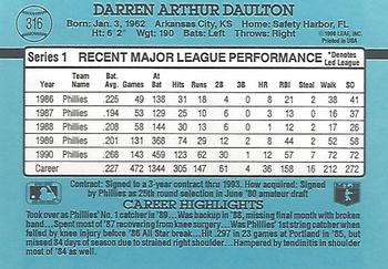 1991 Donruss #316 Darren Daulton Back