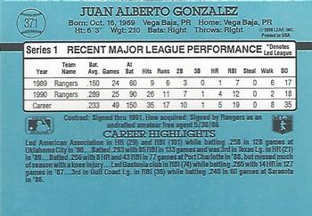 1991 Donruss #371 Juan Gonzalez Back