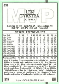 1991 Donruss #410 Len Dykstra Back