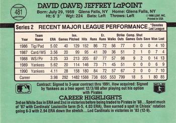 1991 Donruss #481 Dave LaPoint Back