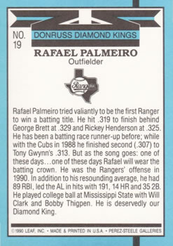 1991 Donruss #19 Rafael Palmeiro Back