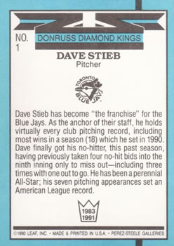 1991 Donruss #1 Dave Stieb Back