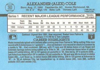 1991 Donruss #383 Alex Cole Back