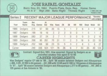 1991 Donruss #543 Jose Gonzalez Back