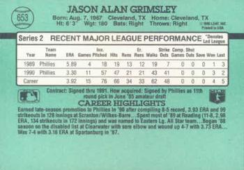 1991 Donruss #653 Jason Grimsley Back