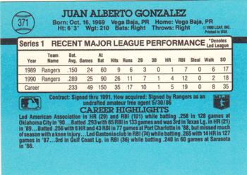 1991 Donruss #371 Juan Gonzalez Back