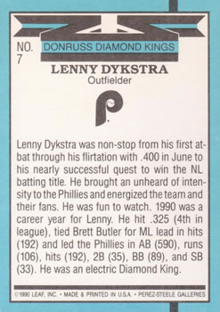 1991 Donruss #7 Len Dykstra Back