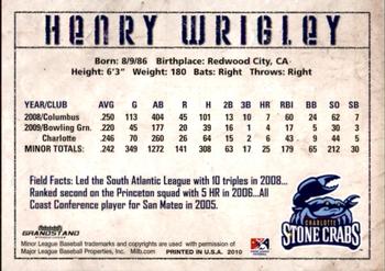 2010 Grandstand Charlotte Stone Crabs #NNO Henry Wrigley Back