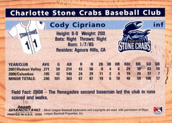 2009 Grandstand Charlotte Stone Crabs #NNO Cody Cipriano Back