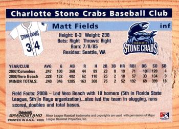 2009 Grandstand Charlotte Stone Crabs #NNO Matt Fields Back