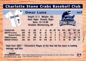 2009 Grandstand Charlotte Stone Crabs #NNO Omar Luna Back
