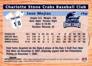 2009 Grandstand Charlotte Stone Crabs #NNO Jose Mejias Back