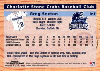 2009 Grandstand Charlotte Stone Crabs #NNO Greg Sexton Back