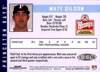 2010 Grandstand Princeton Rays #NNO Matt Gilson Back