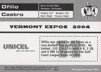 2004 Grandstand Vermont Expos #NNO Ofilio Castro Back