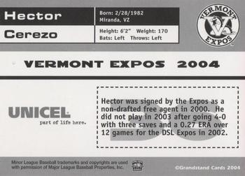 2004 Grandstand Vermont Expos #NNO Hector Cerezo Back