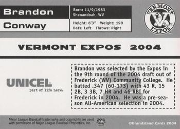 2004 Grandstand Vermont Expos #NNO Brandon Conway Back