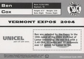 2004 Grandstand Vermont Expos #NNO Ben Cox Back