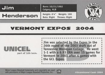 2004 Grandstand Vermont Expos #NNO Jim Henderson Back