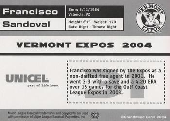2004 Grandstand Vermont Expos #NNO Francisco Sandoval Back