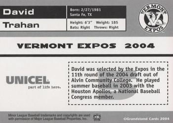 2004 Grandstand Vermont Expos #NNO David Trahan Back