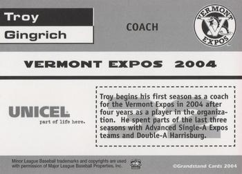2004 Grandstand Vermont Expos #NNO Troy Gingrich Back