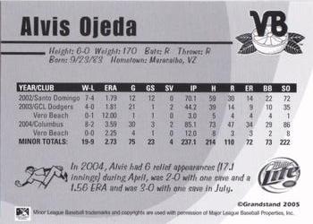 2005 Grandstand Vero Beach Dodgers #NNO Alvis Ojeda Back