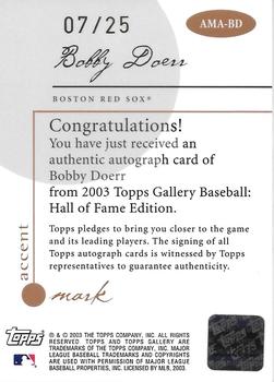 2003 Topps Gallery Hall of Fame - Accent Mark Autographs Artist's Proofs #AMA-BD Bobby Doerr Back