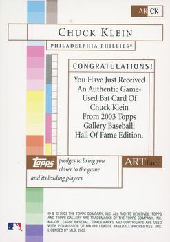 2003 Topps Gallery Hall of Fame - Artifact Relics #ARCK Chuck Klein Back