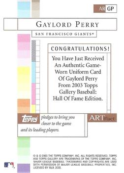 2003 Topps Gallery Hall of Fame - Artifact Relics #ARGP Gaylord Perry Back