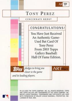 2003 Topps Gallery Hall of Fame - Artifact Relics #ARTP Tony Perez Back