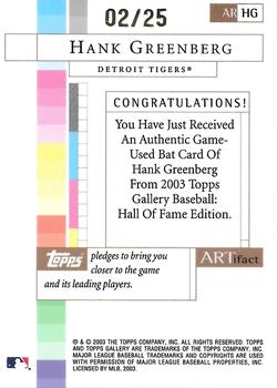 2003 Topps Gallery Hall of Fame - Artifact Relics Artist's Proofs #HG Hank Greenberg Back