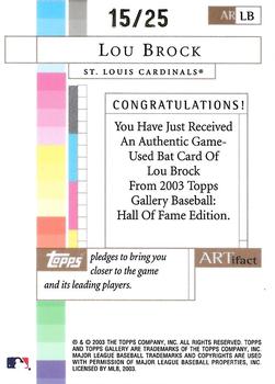 2003 Topps Gallery Hall of Fame - Artifact Relics Artist's Proofs #LB Lou Brock Back