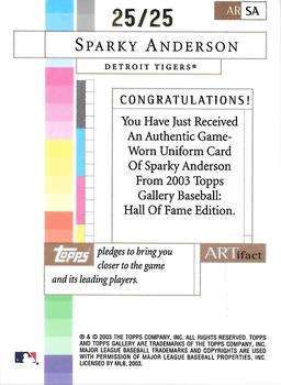 2003 Topps Gallery Hall of Fame - Artifact Relics Artist's Proofs #SA Sparky Anderson Back